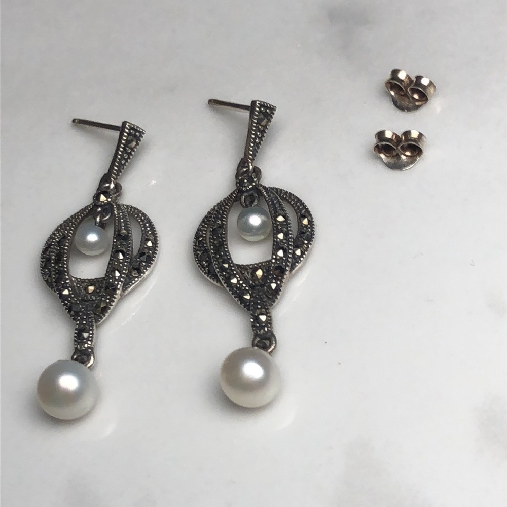 Sterling silver Pearl drop‎ earrings with marcasite